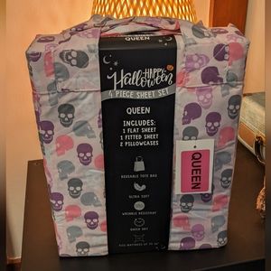 Happy Halloween Pink Skull Queen Sheet Skulls Purple Bedding